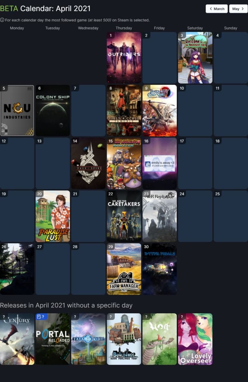 SteamDB launches calendar of Steam releases in beta. Devs can